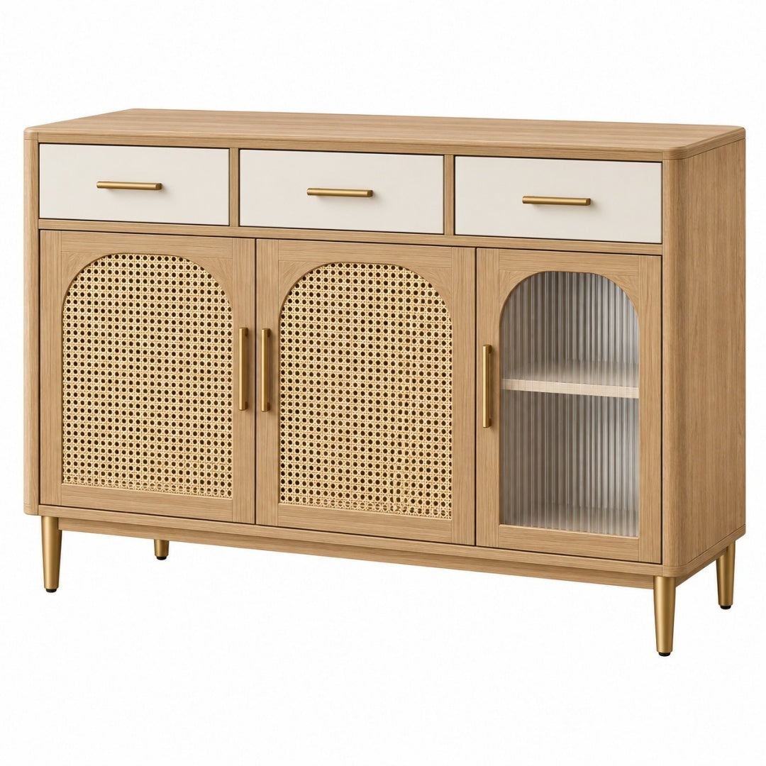 Komoda 150 x 40 x 85 cm z drewna naturalna z rattanem - styl retro