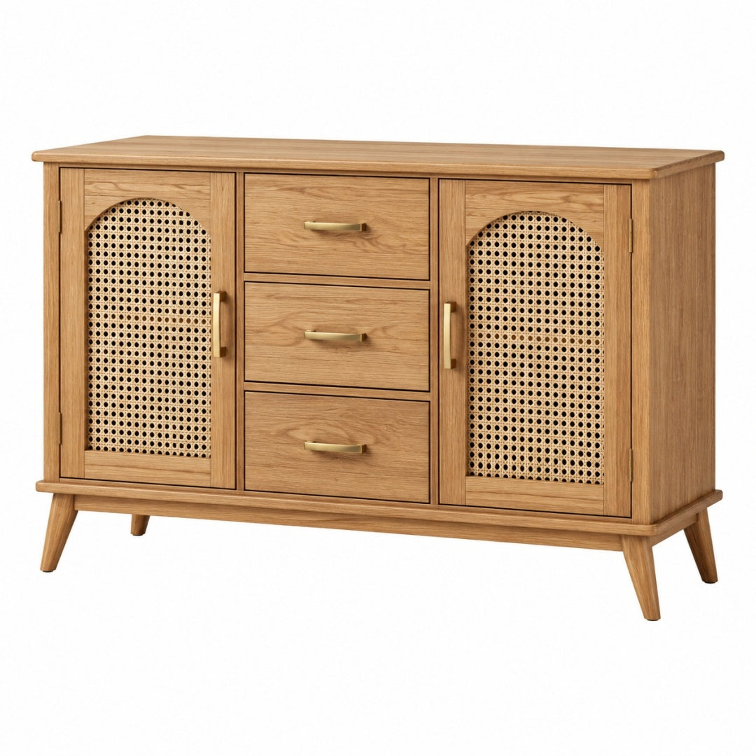 Komoda 120 x 40 x 80 cm z drewna i rattanu naturalna do salonu w stylu retro