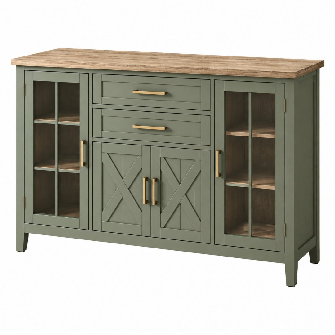 Komoda 160 x 45 x 90 cm zielona z drewnianym blatem i szklanymi drzwiami rustykalna