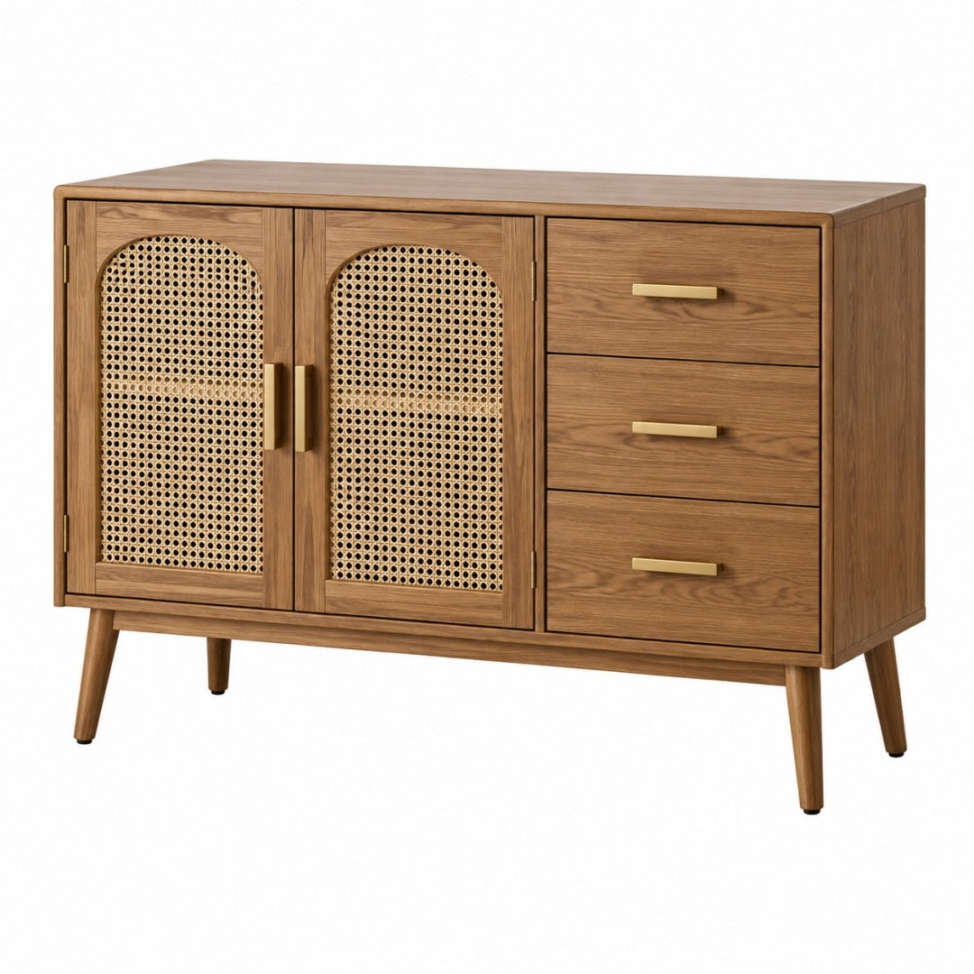 Komoda 120 x 40 x 80 cm drewniana brązowa z rattanowymi frontami - styl retro