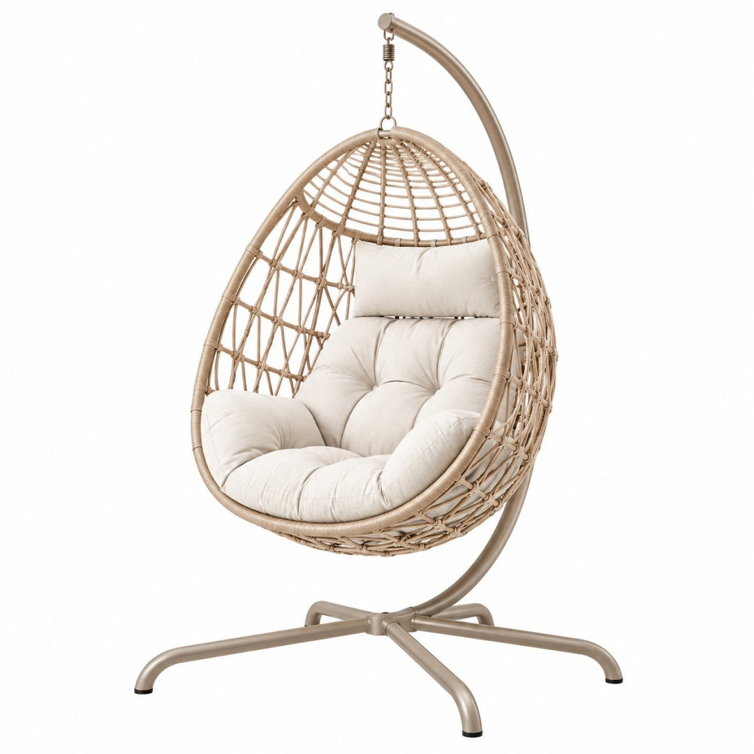 Fotel wiszący 105 x 105 x 195 cm z plecionki syntetycznej beżowy na stalowym stelażu boho