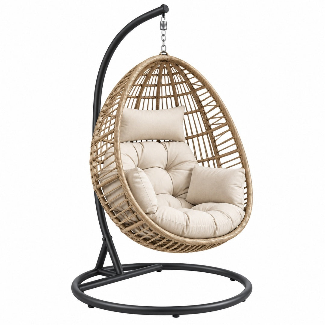 Fotel wiszący 105 x 105 x 195 cm z technorattanu beżowy z czarnym stelażem do wypoczynku