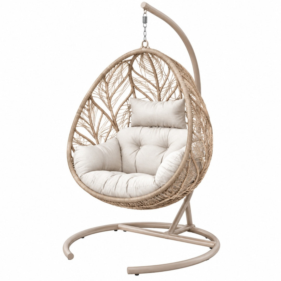Fotel wiszący 105 x 105 x 195 cm z plecionki syntetycznej beżowy ze stelażem w stylu boho